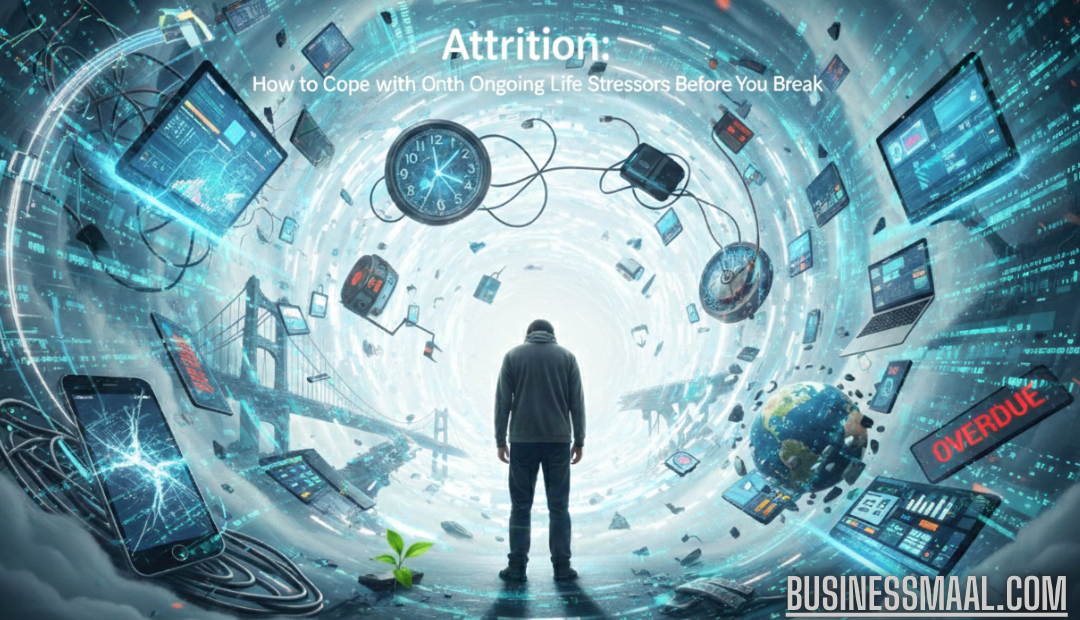 Surreal artistic depiction of a person standing in a digital vortex surrounded by floating screens, tangled wires, and broken devices symbolizing overwhelming modern stress.