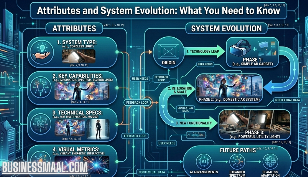 A detailed technological infographic titled "Attributes and System Evolution" featuring sections for key capabilities, technical specs, and a three-phase evolution timeline from AR gadgets to powerful utility lights.