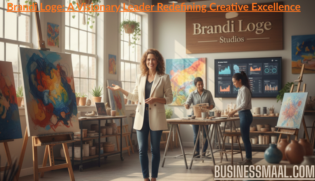 alt: Brandi Loge standing in a professional creative studio with team members, abstract art, and data charts on a screen.