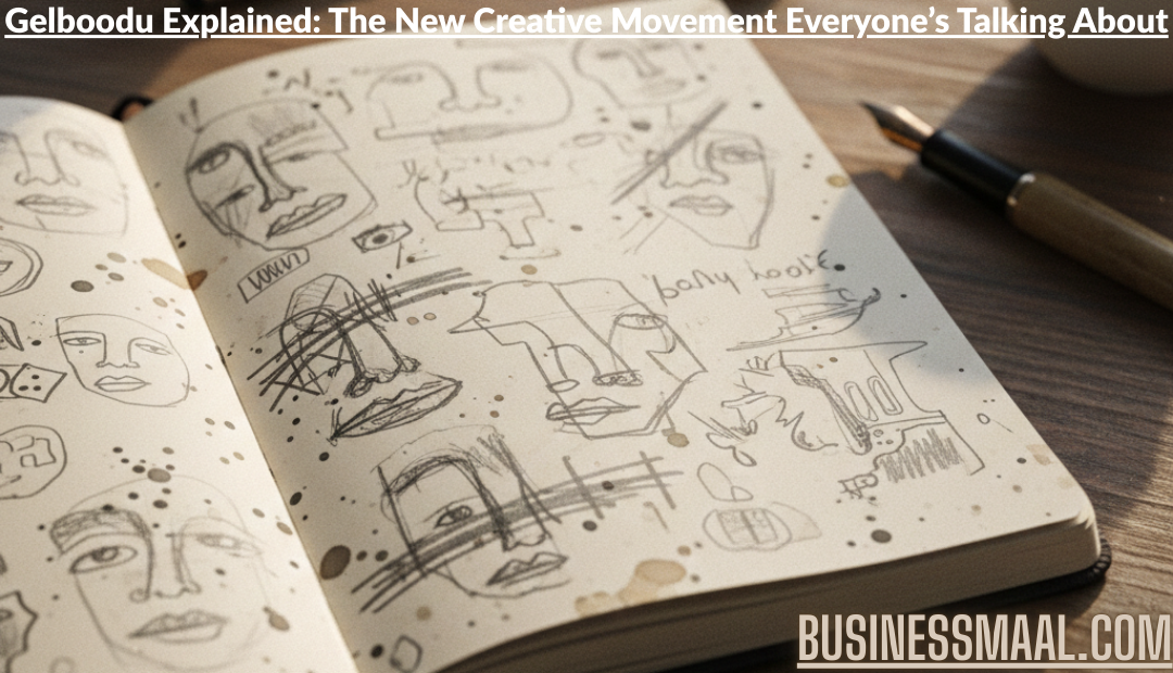 alt: A collage explaining the Gelboodu movement, featuring abstract painting, messy sketchbooks, a smiling artist, and handmade pottery.