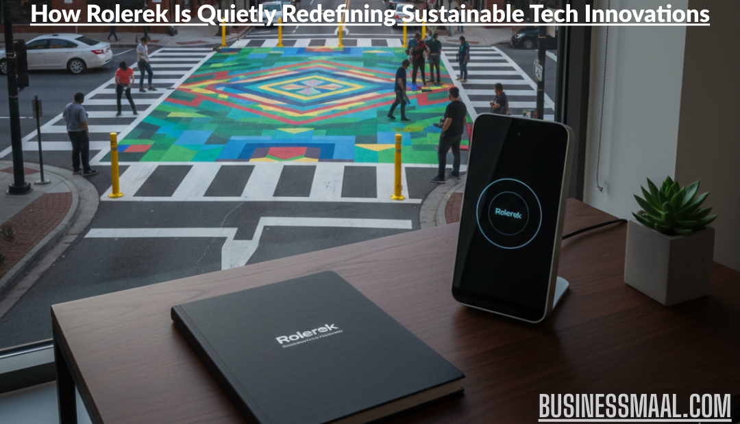 A view from an office window overlooking a street in Atlanta where volunteers are painting a tactical urbanism crosswalk, with a Rolerek smart device and notebook on the desk in the foreground.