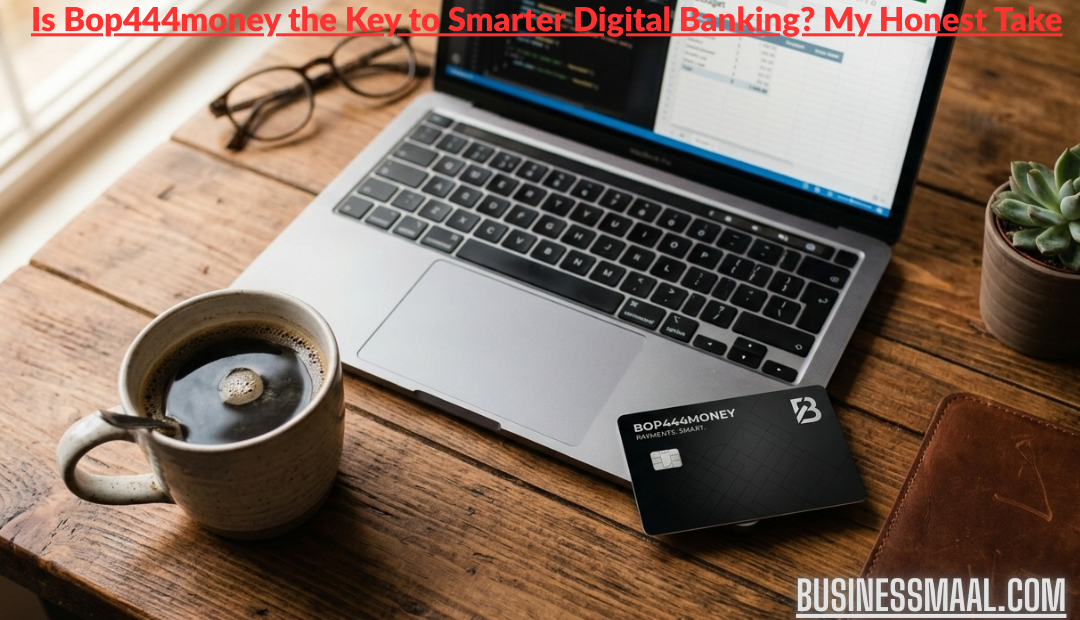 A black Bop444money debit card resting on a wooden desk next to a laptop, a cup of black coffee, and a small succulent plant.