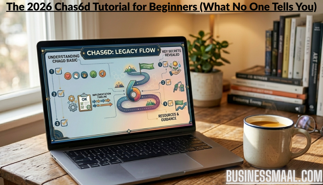 A cozy home office setup showing a laptop screen with a Chas6d "Legacy Flow" infographic, placed on a wooden desk next to a cup of coffee and a stack of books.