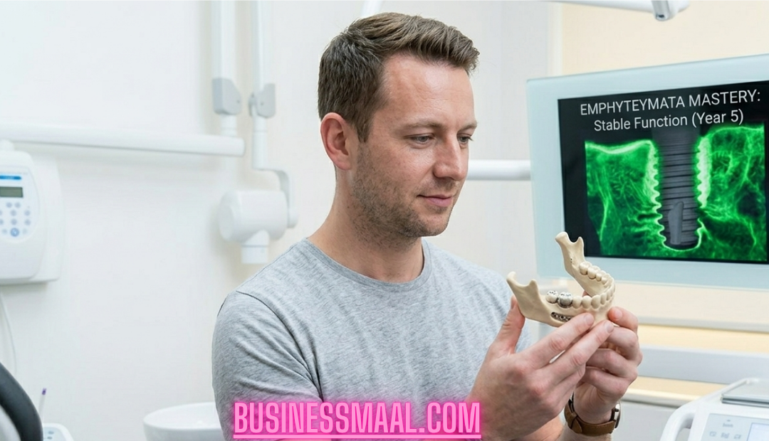 A male dental specialist in a clinic holding a 3D model of a human lower jaw with dental implants, while a digital screen in the background shows a 5-year stability x-ray.