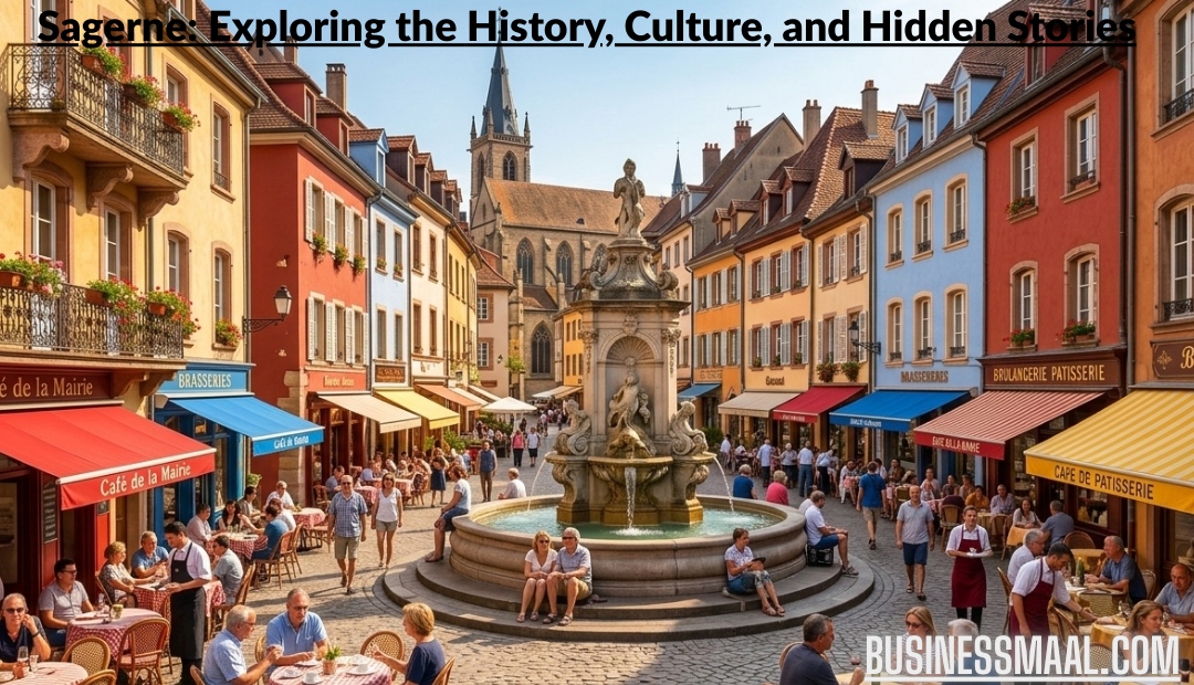 A wide-angle view of a vibrant old European town square featuring colorful historic buildings, a stone fountain in the center, and people dining at outdoor cafes under sunny skies.