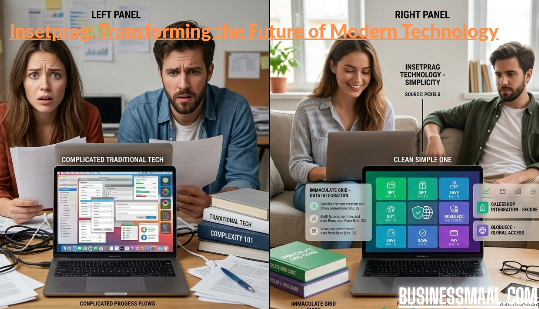 A woman sitting comfortably on a sofa using a laptop with Insetprag digital interface overlays and a smart home context.