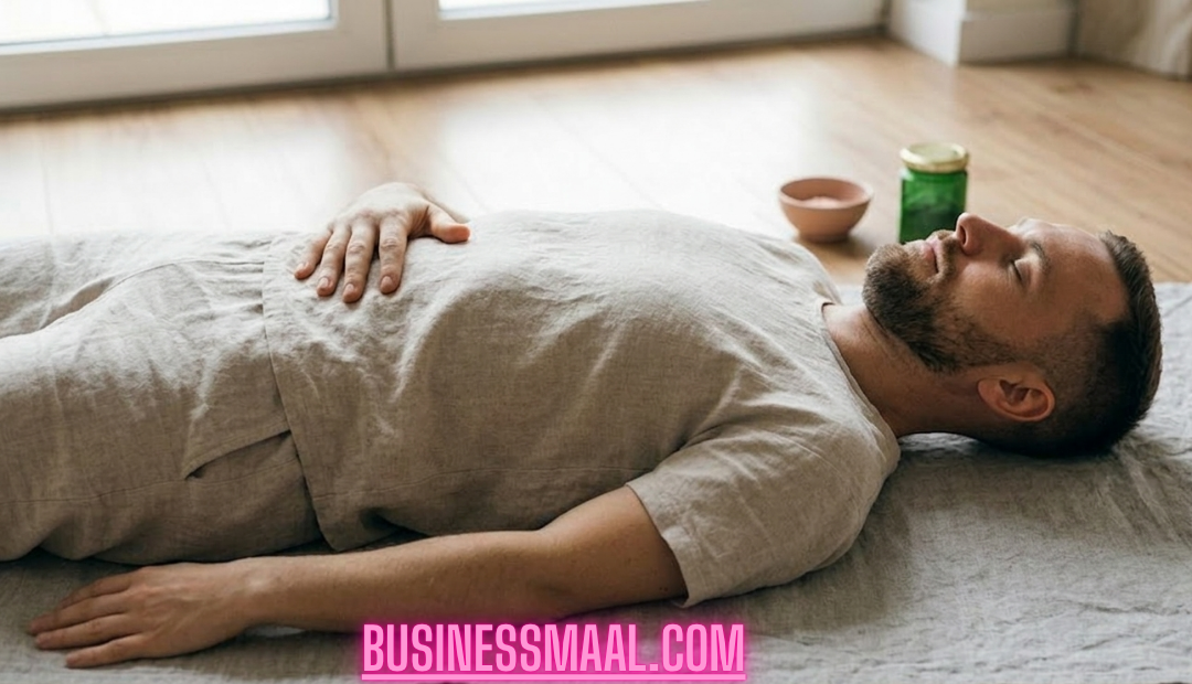 A man with a beard lying on a linen mat, eyes closed, with one hand on his abdomen practicing deep diaphragmatic breathing in a brightly lit room.