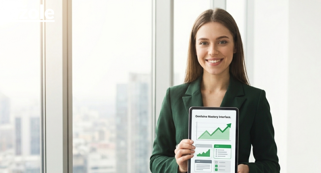 A confident professional woman in a dark green blazer holding a tablet that displays an upward-trending financial growth chart titled "Onnilaina Mastery Interface" against a bright city office background.
