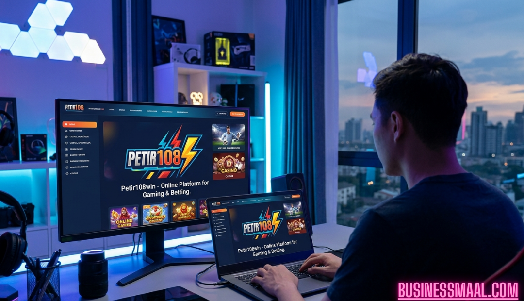 A gamer sitting at a desk with a laptop and a large monitor displaying the Petir108win online gaming and betting platform in a modern room with blue neon lighting.