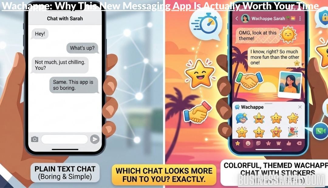 A split-screen comparison showing a boring, grey traditional text chat on the left and a vibrant, sunset-themed Wachappe chat with colorful stickers and custom bubbles on the right.