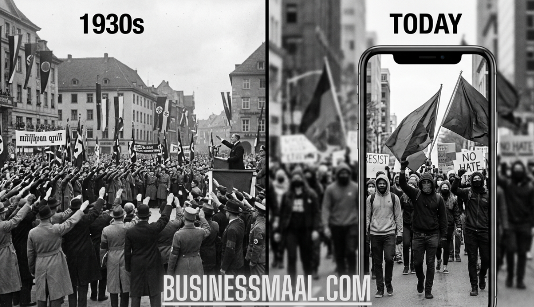 A split-screen image comparing a black and white 1930s fascist rally with a modern-day protest shown on a smartphone screen.