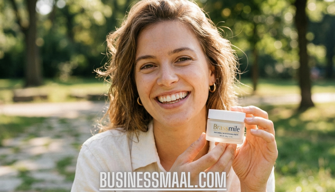 A woman smiling naturally outdoors in soft sunlight while holding a small jar of Brasssmile natural whitening paste.