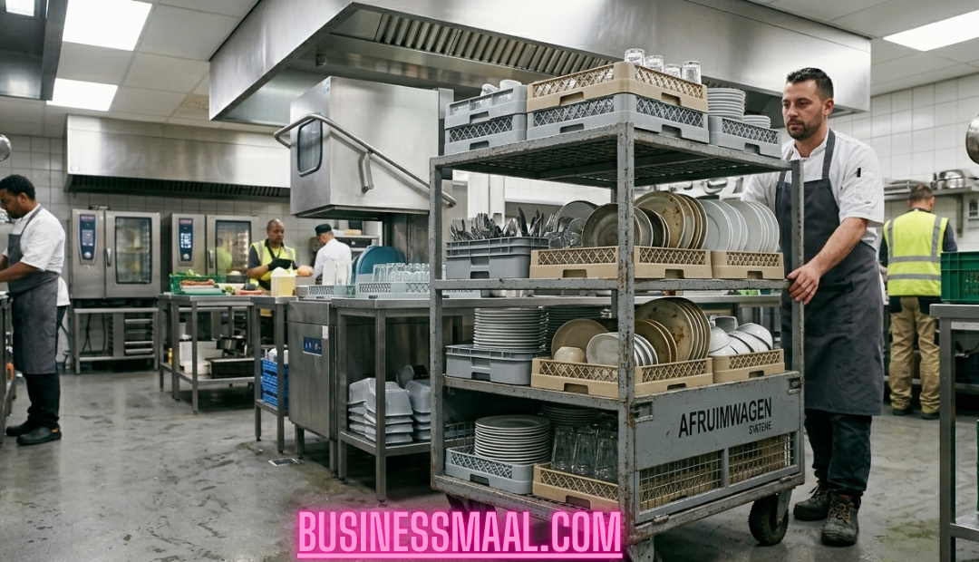 A commercial kitchen worker in a gray apron pushing a multi-tiered metal Afruimwagen loaded with organized dish racks, plates, and glassware in a professional kitchen setting.