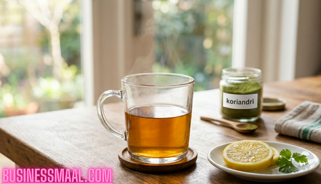 A clear glass mug filled with steamy amber-colored Koriandri (cilantro) tea sits on a rustic wooden table next to a jar of green Koriandri powder, lemon slices, and a fresh coriander sprig.
