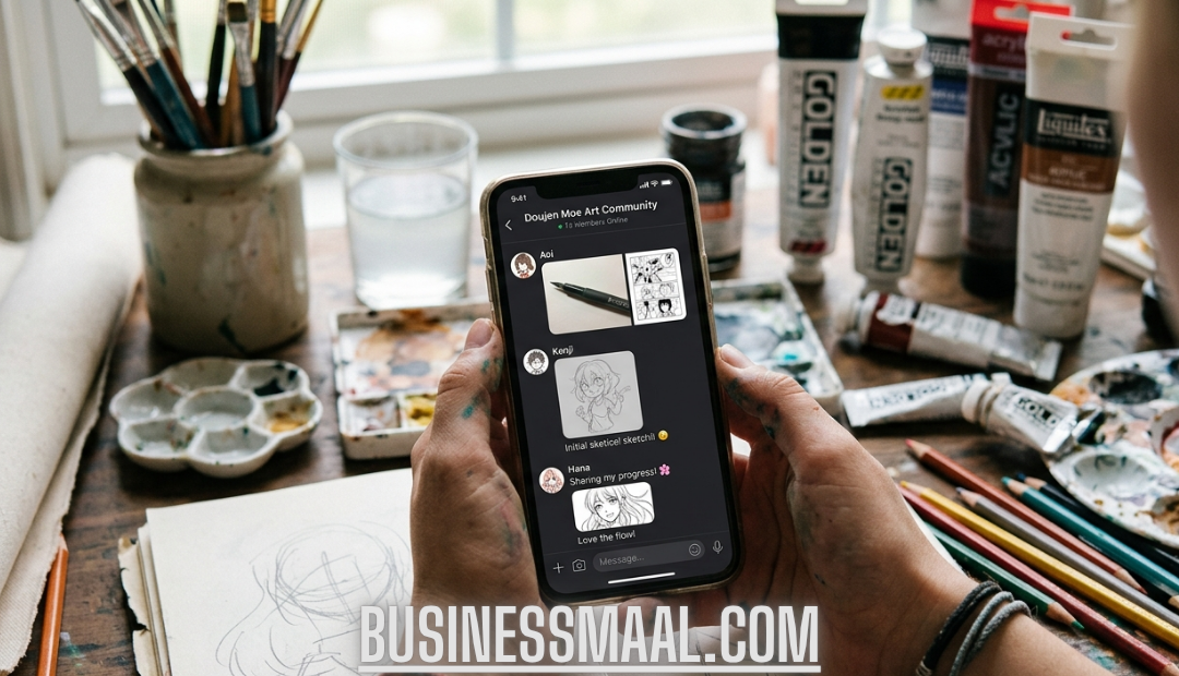 A close-up view of a smartphone screen displaying an active Doujen Moe art group chat, held by paint-stained hands over a wooden desk cluttered with sketches, brushes, and acrylic paint tubes.