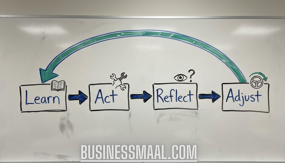 A simple, hand-drawn flowchart on a white whiteboard showing a continuous feedback loop: the words "Learn," "Act," "Reflect," and "Adjust" are written in blue boxes connected by arrows, with a large green circular arrow returning from "Adjust" back to "Learn.
