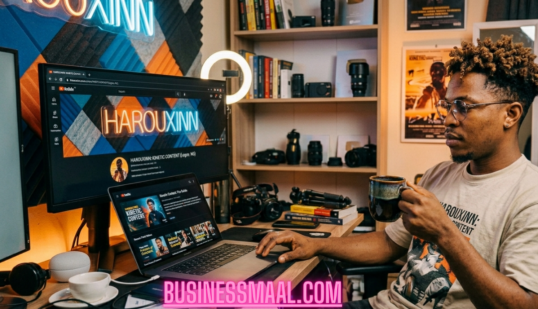 A focused male digital creator in round glasses and a graphic t-shirt works at a multi-monitor desk setup in a cozy Lagos apartment studio. On the screens is a profile and video grid titled "HAROUXINN: KINETIC CONTENT." Coffee and cameras are on the desk.