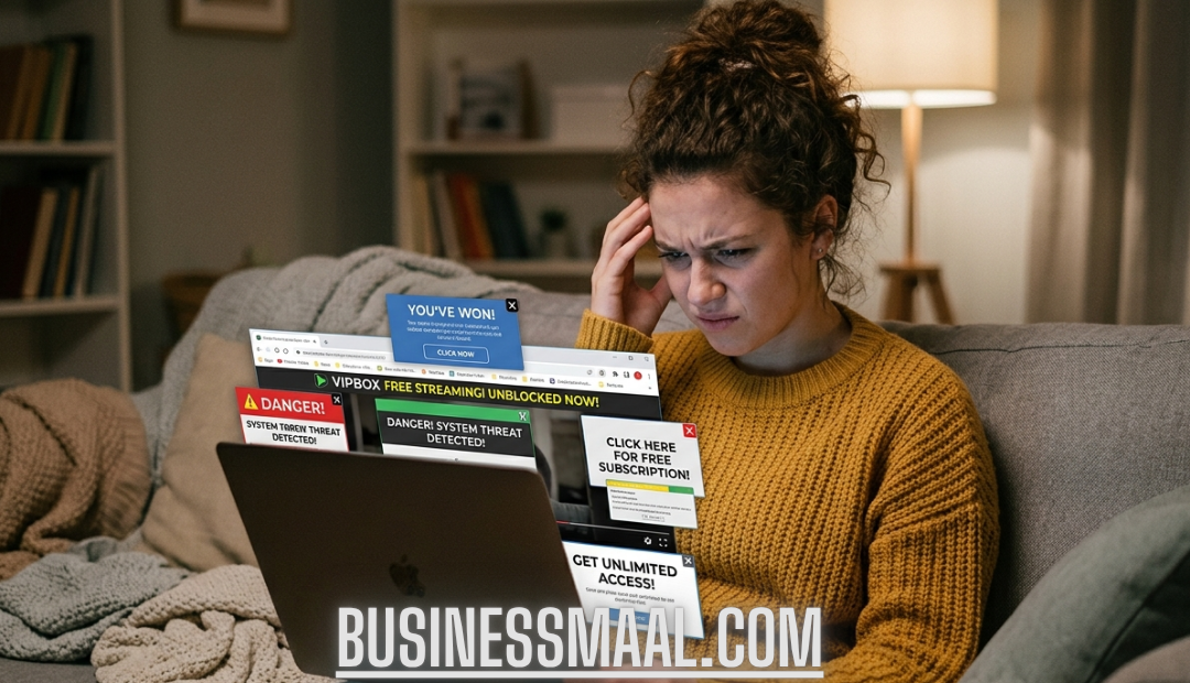 A young woman looking stressed and frustrated while holding a laptop covered in annoying pop-up ads and security warnings during a free streaming session.