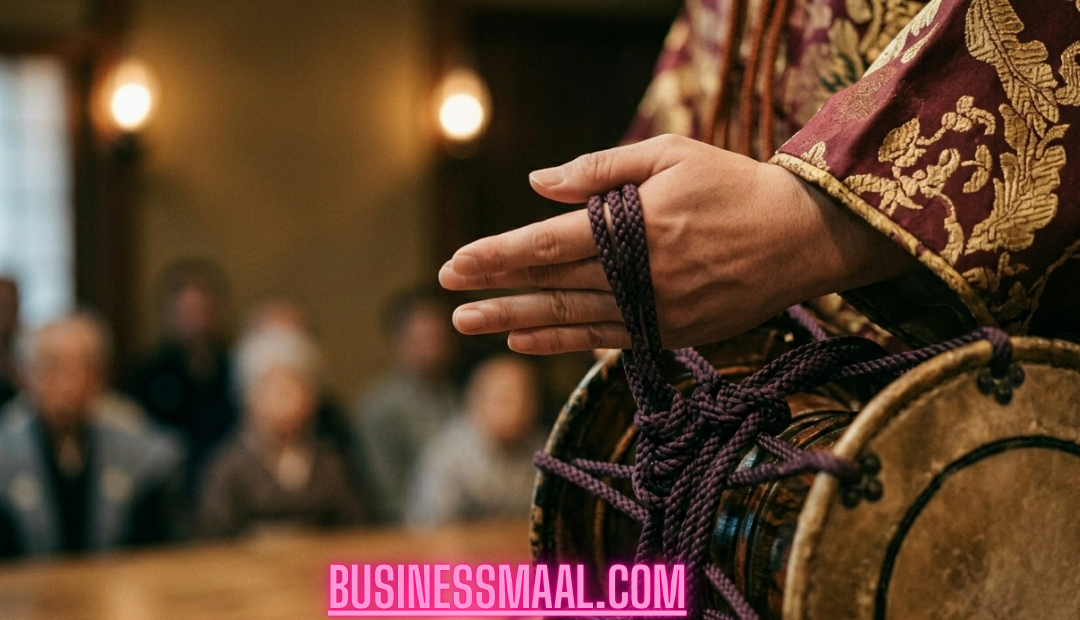 A close-up shot of a Hitaar performer's hand executing a precise gesture (kata) while holding the purple tension cords of a traditional Japanese drum. The background shows a blurred audience in a wooden theater.