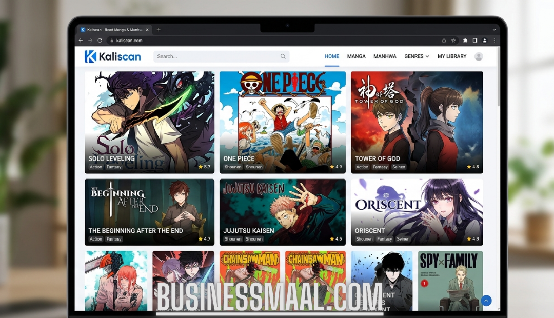 A high-resolution screenshot displayed on a laptop screen showing the Kaliscan homepage, featuring a clean white interface with a grid of popular manga and manhwa covers including Solo Leveling, One Piece, and Tower of God.