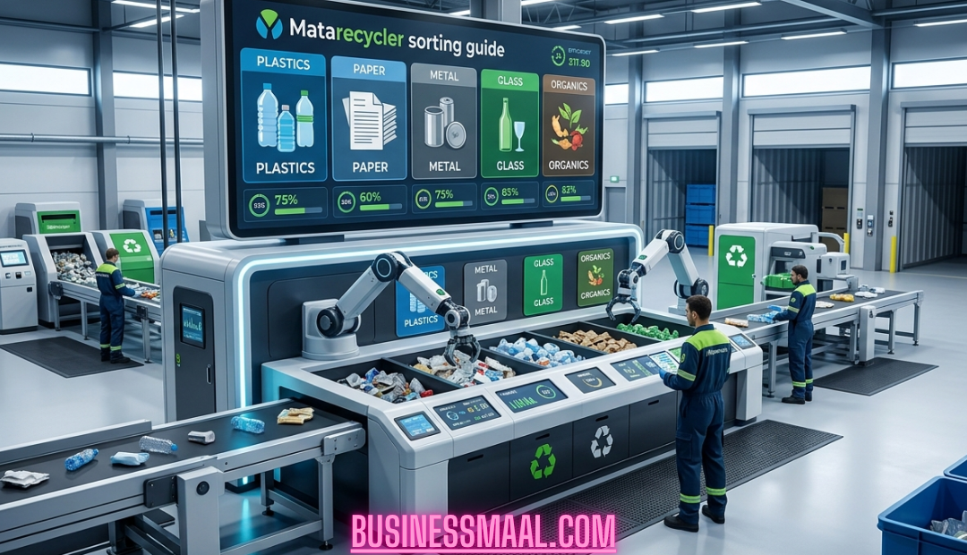 A modern waste management facility featuring a Matarecycler sorting station with robotic arms, conveyor belts, and a large digital guide display showing categories for plastics, paper, metal, glass, and organics.