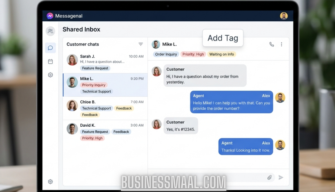 A laptop screen displaying the Messagenal shared inbox dashboard with customer chat lists, conversation threads, and colorful organizational tags like "Technical Support" and "Priority: High