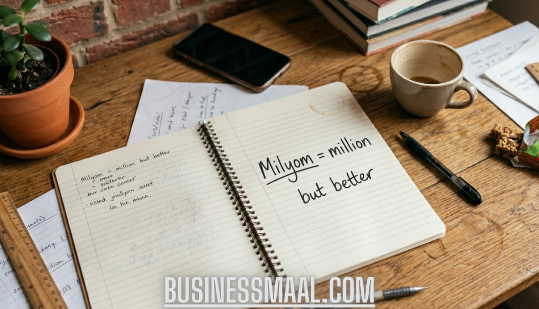 A top-down view of a messy wooden desk featuring an open spiral notebook with the handwritten text "Milyom = million but better.