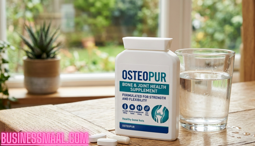 A white Osteopur supplement bottle on a wooden table next to a glass of water and three white capsules, with a blurred garden background.