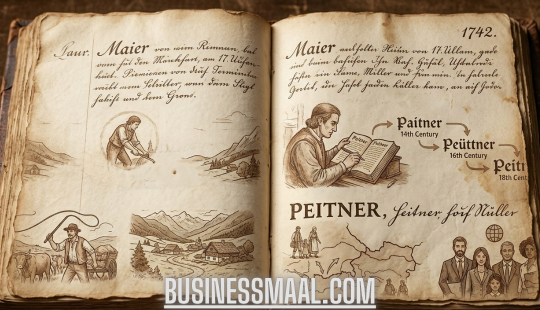 An aged, leather-bound open book displaying two parchment-like pages. The pages are filled with sepia-toned illustrations and text chronicling the history of the name 'Peitner' from its Bavarian and Austrian roots to its current day usage.