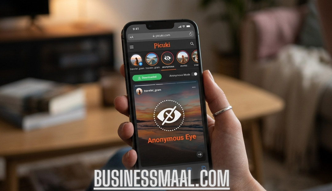 A person holding a smartphone displaying the Picuki interface for anonymous Instagram story viewing with a prominent eye icon and "Anonymous Eye" text.
