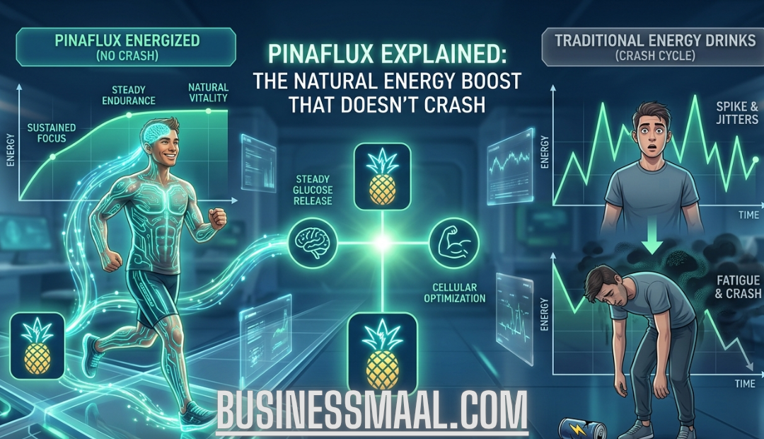 A split-screen infographic comparing the steady energy curve of Pinaflux with the sharp spike and crash of traditional energy drinks, featuring a glowing athletic figure and biometric data screens.