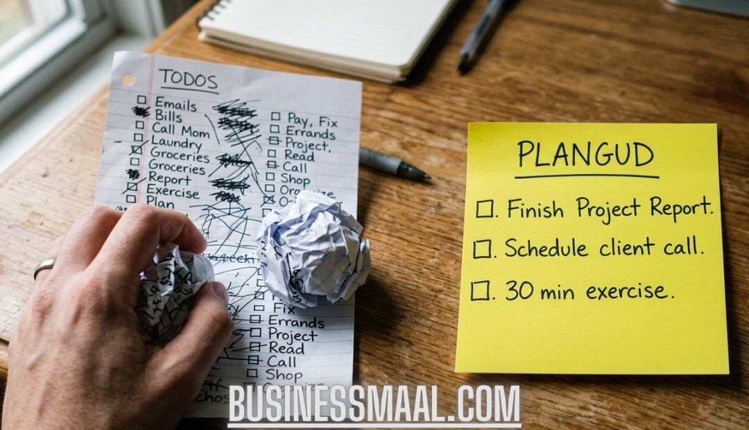 A hand crumpling a long, messy to-do list on a wooden desk next to a bright yellow sticky note labeled "PLANGUD" featuring only three clear, prioritized tasks.