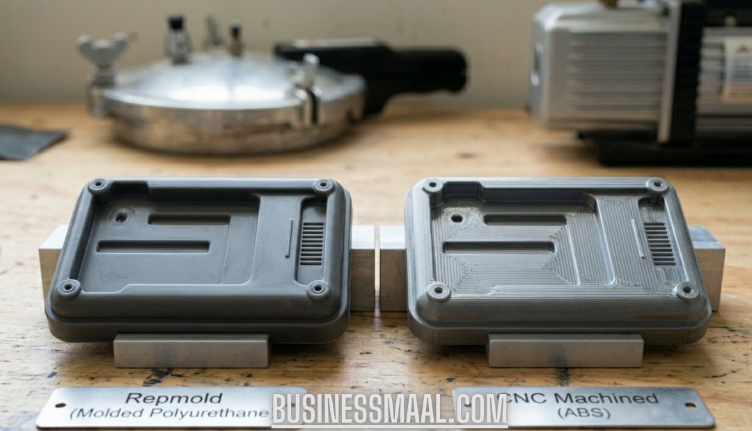Side-by-side comparison of a smooth grey Repmold polyurethane cast part and a CNC machined ABS part with visible tool paths on a wooden workshop table.