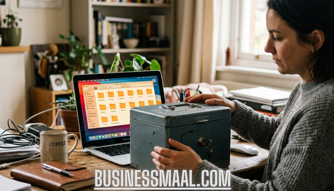 A person at a cluttered wooden desk holding a vintage metal safety deposit box with a laptop in the background displaying digital folders.