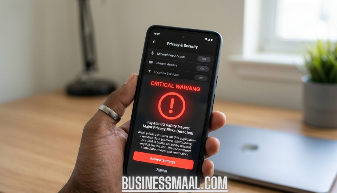 A person holding a smartphone displaying a "Critical Warning" message about Fapello SU safety issues and major privacy risks on a dark settings screen.