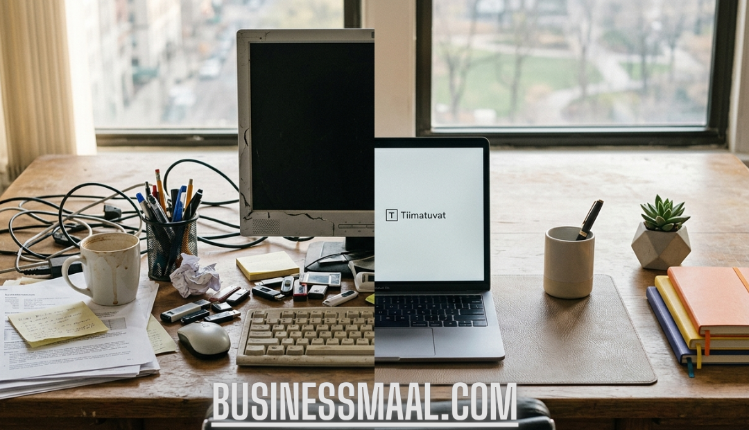 A split-view comparison showing a cluttered, messy desk on the left and a clean, organized workspace with a Tiimatuvat branded laptop on the right.