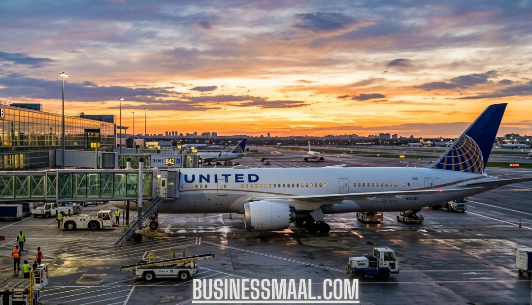 A United Airlines Boeing commercial aircraft parked at an airport terminal gate on the tarmac during a vibrant sunset.