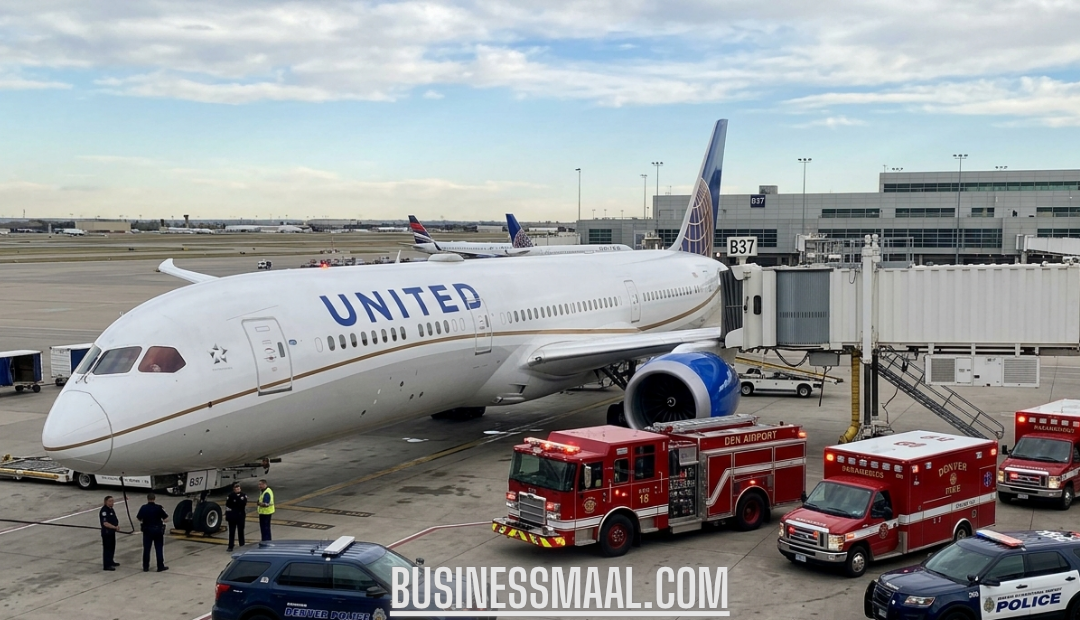 United Airlines Boeing 787 parked at a Denver airport gate surrounded by Denver Police cars, fire trucks, and ambulances during an emergency incident.