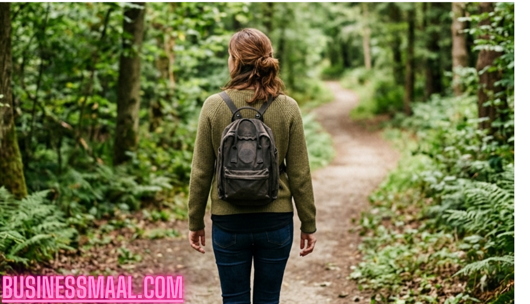 A person in casual clothes walking away on a peaceful forest trail with tall green trees and sunlight.