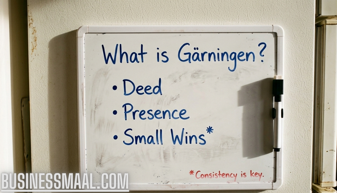 A small whiteboard hanging on a refrigerator featuring handwritten notes explaining "What is Gärningen?" with bullet points for Deed, Presence, and Small Wins.